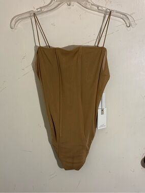 NWT Good American Neutral Tan Corset Spaghetti Strap Bodysuit in Pecan